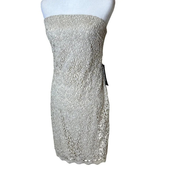NWT NORDSTROM JS BOUTIQUE Size 10 Gold Lace Overlay Strapless Sheath Dress - Picture 1 of 14